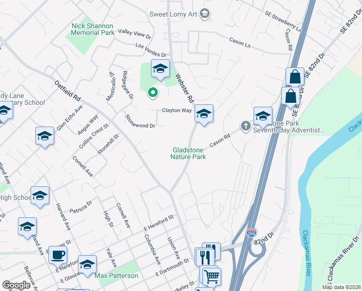 map of restaurants, bars, coffee shops, grocery stores, and more near 18187 Webster Road in Gladstone