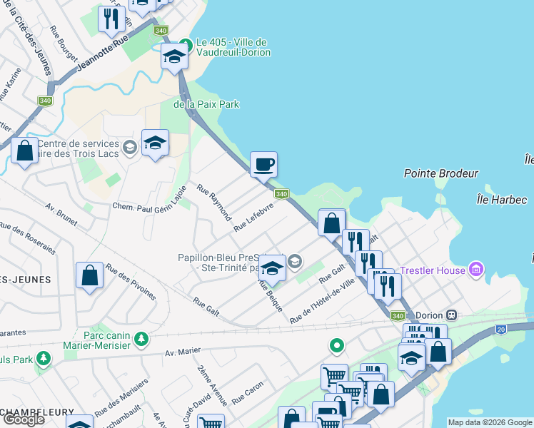 map of restaurants, bars, coffee shops, grocery stores, and more near 105 Rue Lefebvre in Vaudreuil-Dorion
