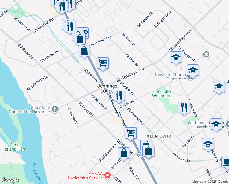 map of restaurants, bars, coffee shops, grocery stores, and more near 18300 Southeast Abernethy Lane in Milwaukie