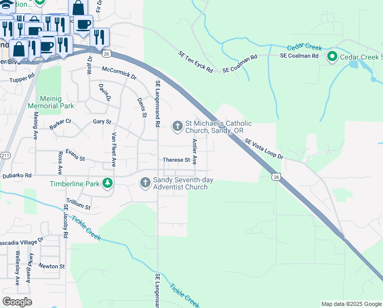 map of restaurants, bars, coffee shops, grocery stores, and more near 18273 Antler Avenue in Sandy