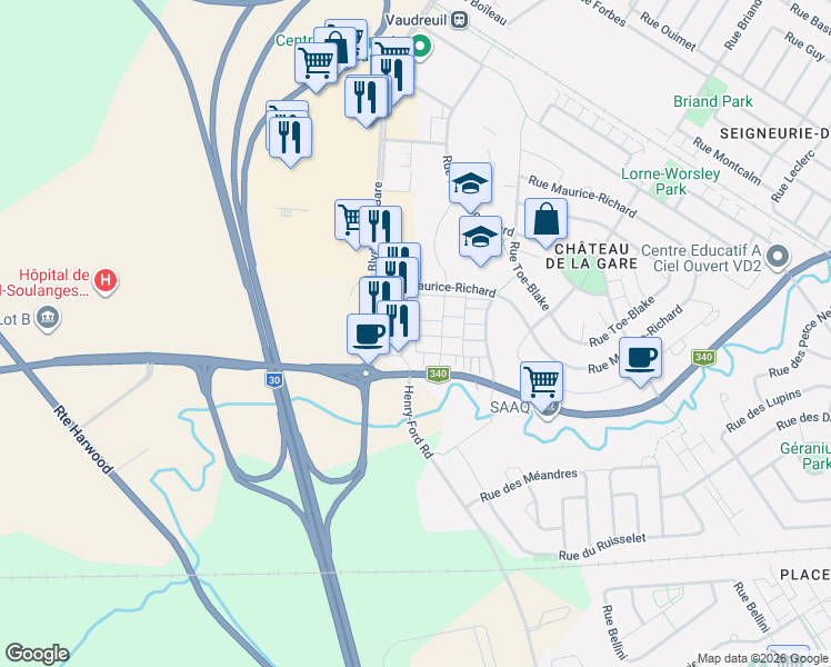 map of restaurants, bars, coffee shops, grocery stores, and more near 4340 Rue Gilles-Tremblay in Vaudreuil-Dorion