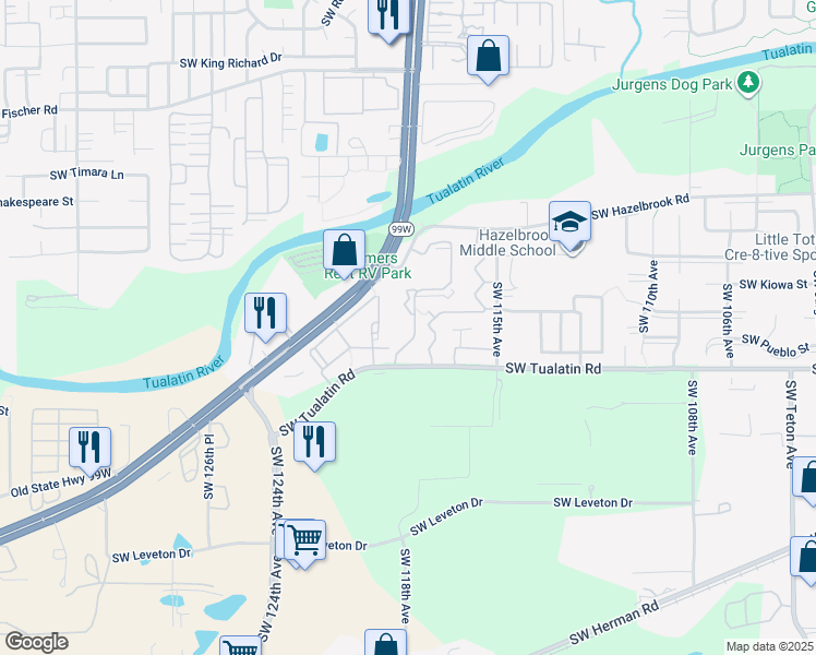 map of restaurants, bars, coffee shops, grocery stores, and more near 11963 Southwest Tualatin Road in Tualatin