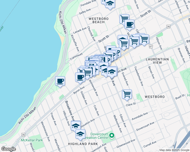 map of restaurants, bars, coffee shops, grocery stores, and more near in Ottawa