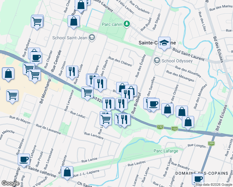 map of restaurants, bars, coffee shops, grocery stores, and more near 5029 Rue des Ormes in Sainte-Catherine