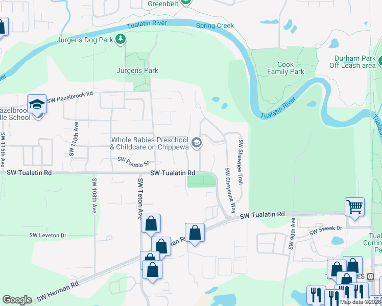 map of restaurants, bars, coffee shops, grocery stores, and more near 17750 Southwest Shasta Trail in Tualatin