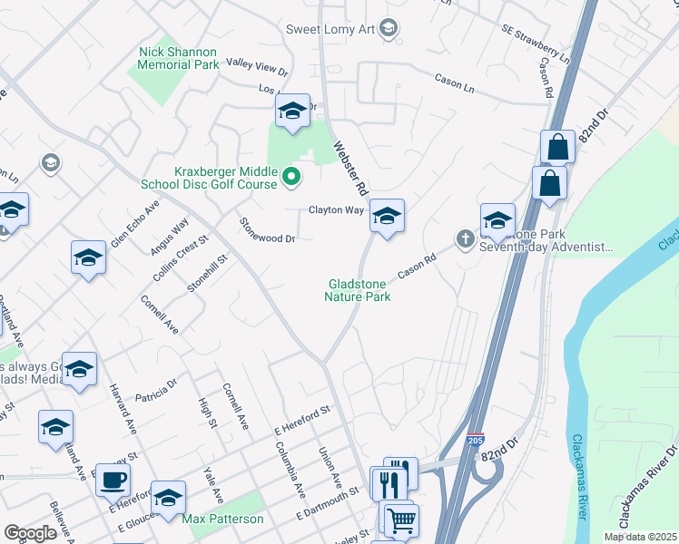 map of restaurants, bars, coffee shops, grocery stores, and more near 18095 Webster Road in Gladstone
