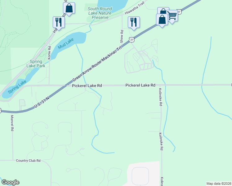 map of restaurants, bars, coffee shops, grocery stores, and more near 3622 Pickerel Lake Road in Petoskey