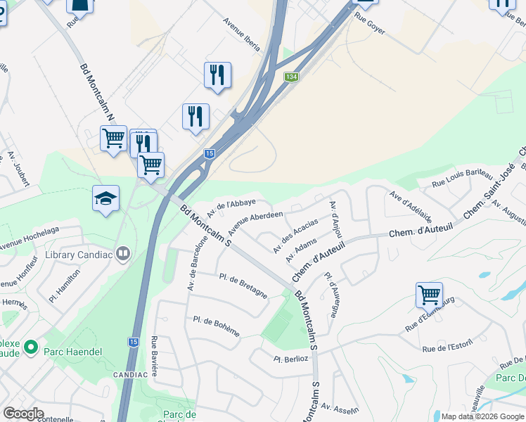 map of restaurants, bars, coffee shops, grocery stores, and more near 15 Avenue d'Aberdeen in Candiac