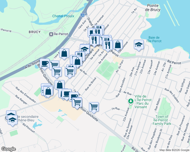 map of restaurants, bars, coffee shops, grocery stores, and more near 296 Rue du Boisé in L'Île-Perrot