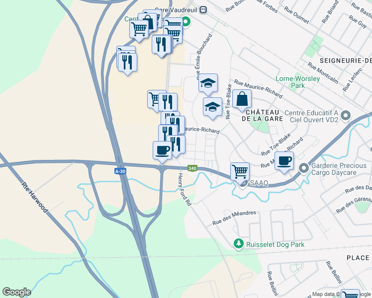 map of restaurants, bars, coffee shops, grocery stores, and more near 4320 Rue Gilles-Tremblay in Vaudreuil-Dorion