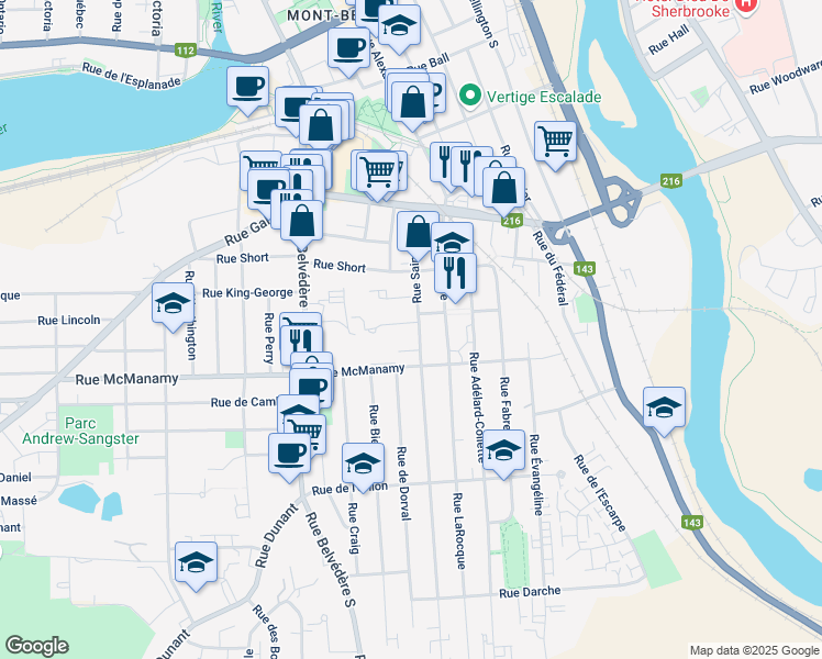 map of restaurants, bars, coffee shops, grocery stores, and more near 410 Rue Florence in Sherbrooke