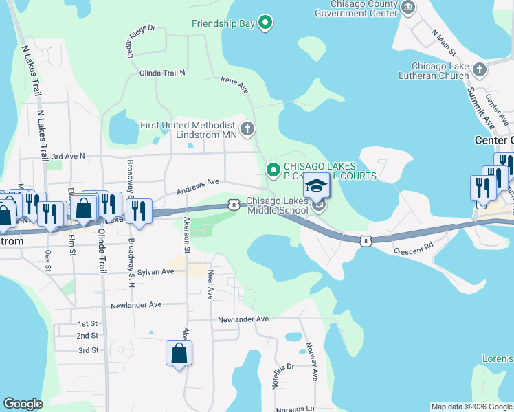 map of restaurants, bars, coffee shops, grocery stores, and more near 13565 Andrews Avenue in Lindstrom
