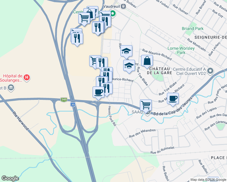 map of restaurants, bars, coffee shops, grocery stores, and more near 4320 Rue Gilles-Tremblay in Vaudreuil-Dorion