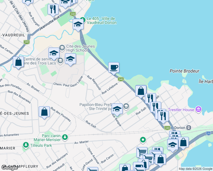 map of restaurants, bars, coffee shops, grocery stores, and more near 119 Rue Brabant in Vaudreuil-Dorion