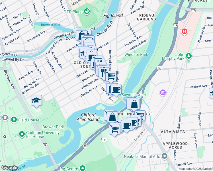 map of restaurants, bars, coffee shops, grocery stores, and more near 1181 Ottawa Regional Road 31 in Ottawa