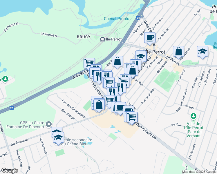 map of restaurants, bars, coffee shops, grocery stores, and more near 25 Boulevard Don-Quichotte in L'Île-Perrot