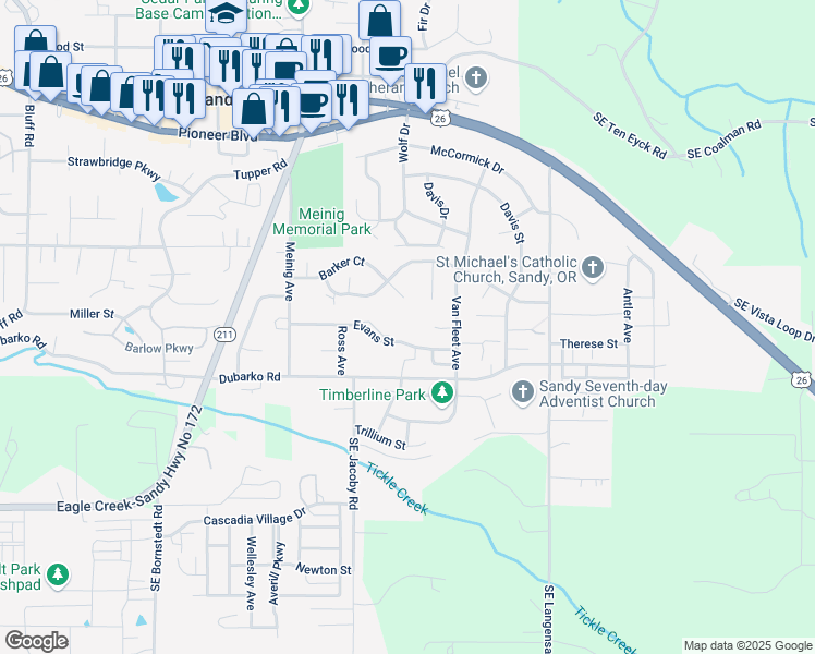 map of restaurants, bars, coffee shops, grocery stores, and more near 39590 Barker Court in Sandy