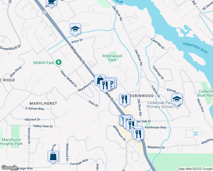 map of restaurants, bars, coffee shops, grocery stores, and more near 18485 Vista Court in West Linn