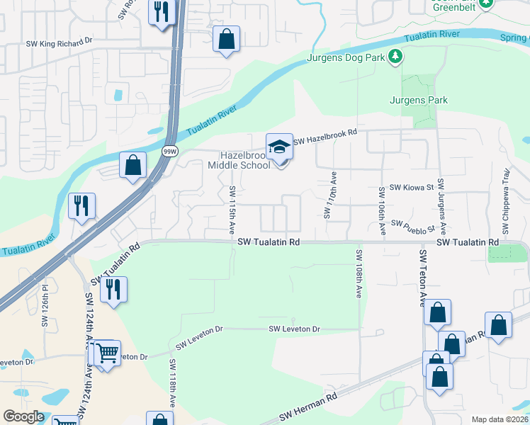 map of restaurants, bars, coffee shops, grocery stores, and more near 11315 Southwest Kalispell Street in Tualatin