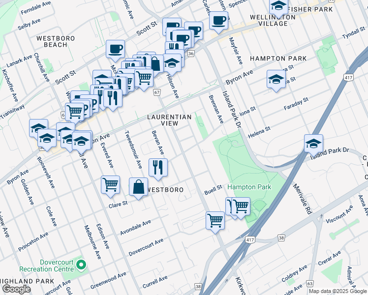 map of restaurants, bars, coffee shops, grocery stores, and more near in Ottawa