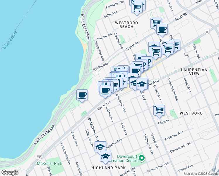 map of restaurants, bars, coffee shops, grocery stores, and more near 403 Richmond Road in Ottawa