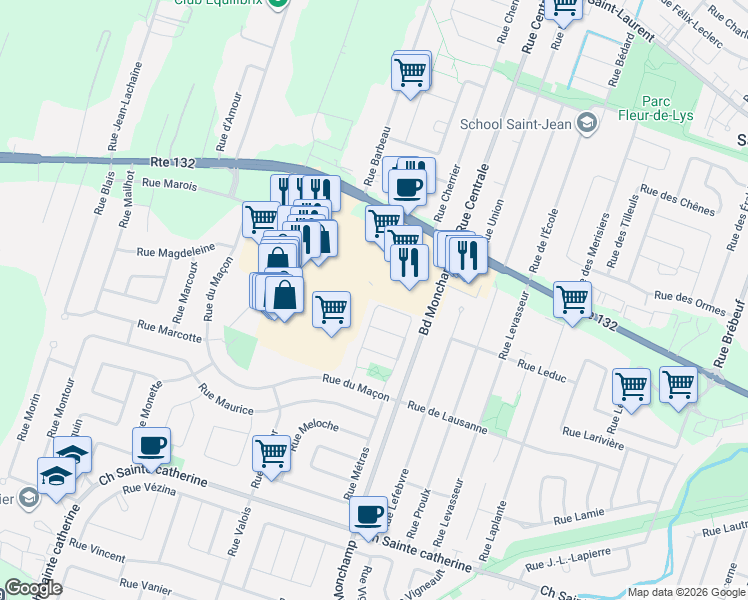 map of restaurants, bars, coffee shops, grocery stores, and more near 43 Rue Montreuil in Saint-Constant