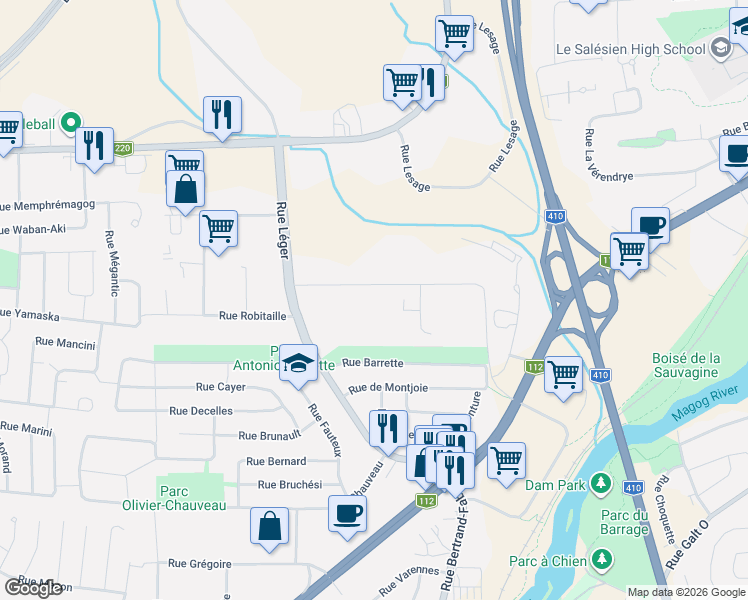 map of restaurants, bars, coffee shops, grocery stores, and more near 4140 Rue Brodeur in Sherbrooke