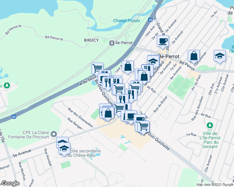 map of restaurants, bars, coffee shops, grocery stores, and more near 25 Boulevard Don-Quichotte in L'Île-Perrot