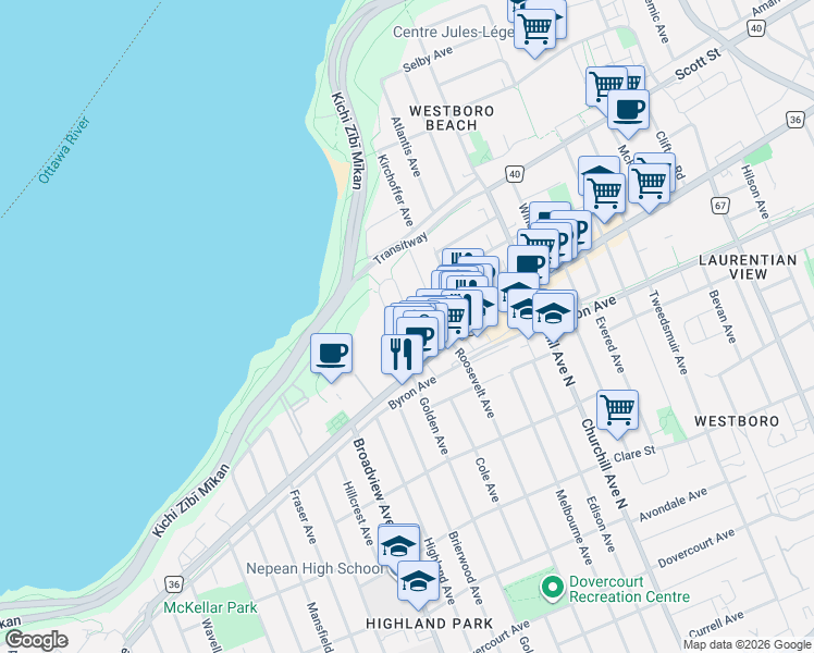 map of restaurants, bars, coffee shops, grocery stores, and more near 374 Berkley Avenue in Ottawa