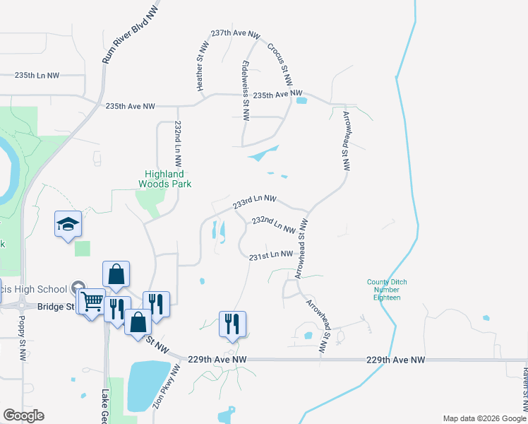 map of restaurants, bars, coffee shops, grocery stores, and more near 2816 233rd Lane Northwest in Saint Francis