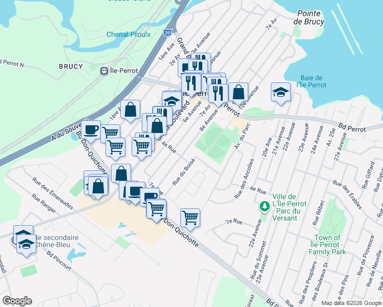 map of restaurants, bars, coffee shops, grocery stores, and more near 296 Rue du Boisé in L'Île-Perrot