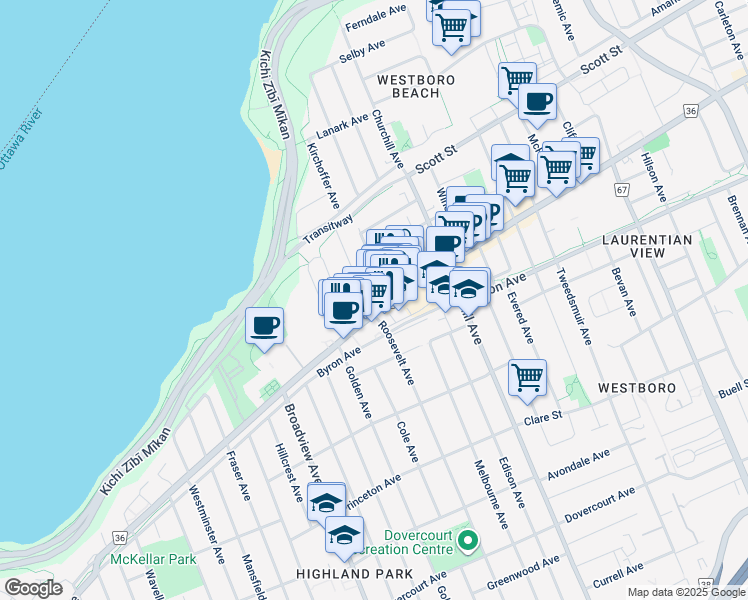 map of restaurants, bars, coffee shops, grocery stores, and more near 403 Richmond Road in Ottawa