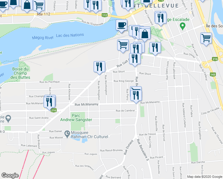 map of restaurants, bars, coffee shops, grocery stores, and more near 1003 Rue de la Princesse in Sherbrooke