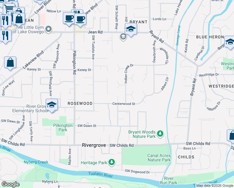 map of restaurants, bars, coffee shops, grocery stores, and more near 18581 Waxwing Way in Lake Oswego