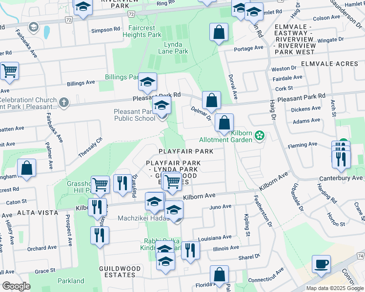 map of restaurants, bars, coffee shops, grocery stores, and more near 1801 Playfair Drive in Ottawa