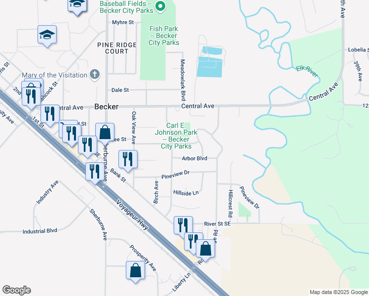 map of restaurants, bars, coffee shops, grocery stores, and more near 14285 Balsam Boulevard in Becker