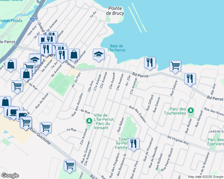 map of restaurants, bars, coffee shops, grocery stores, and more near 295 23e Avenue in L'Île-Perrot