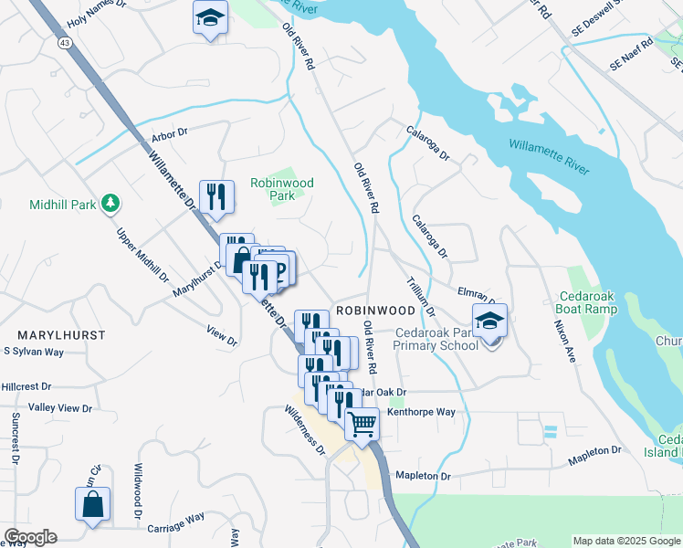 map of restaurants, bars, coffee shops, grocery stores, and more near 3360 Fairview Way in West Linn