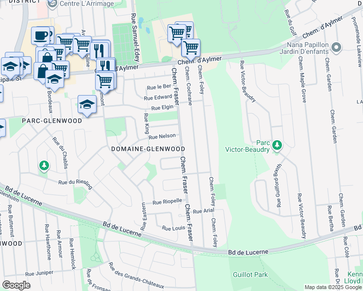 map of restaurants, bars, coffee shops, grocery stores, and more near Chemin Fraser in Gatineau