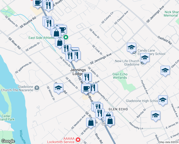 map of restaurants, bars, coffee shops, grocery stores, and more near 5214 Southeast Bandon Lane in Milwaukie