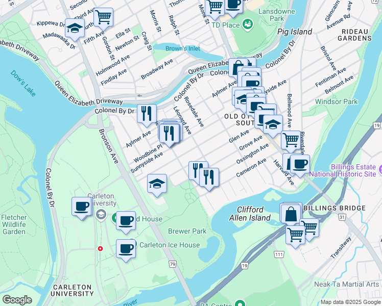 map of restaurants, bars, coffee shops, grocery stores, and more near 126 Hopewell Avenue in Ottawa