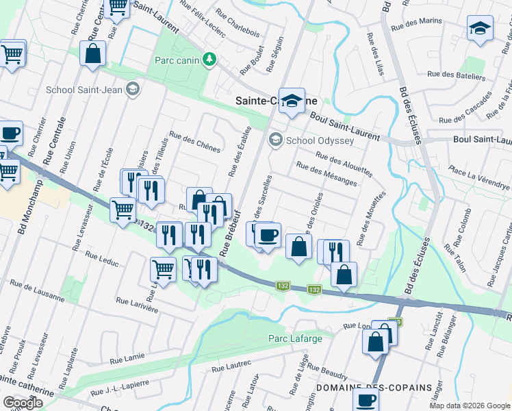 map of restaurants, bars, coffee shops, grocery stores, and more near 1460 Rue des Sarcelles in Sainte-Catherine