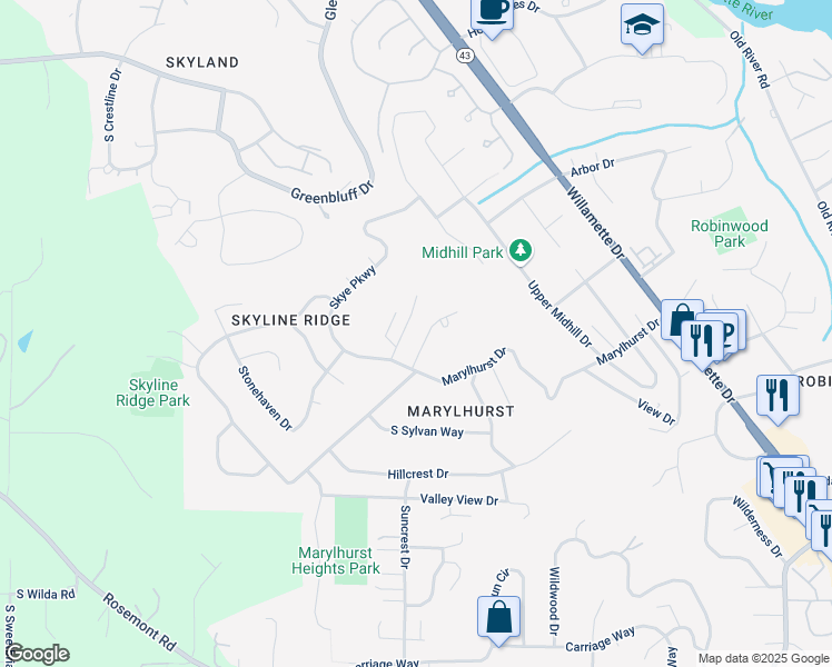 map of restaurants, bars, coffee shops, grocery stores, and more near 2083 Mountain View Court in West Linn