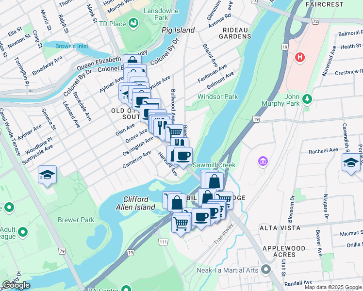 map of restaurants, bars, coffee shops, grocery stores, and more near 522 Riverdale Avenue in Ottawa
