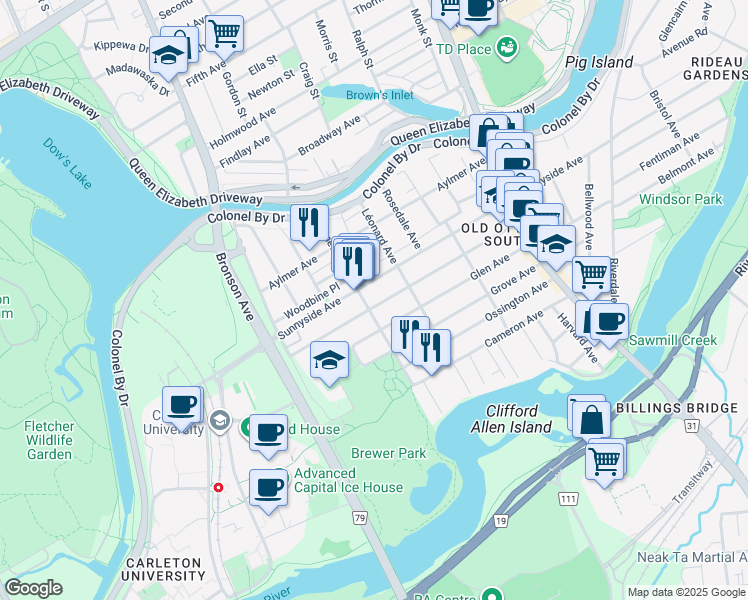 map of restaurants, bars, coffee shops, grocery stores, and more near 145 Hopewell Avenue in Ottawa