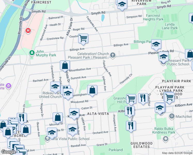 map of restaurants, bars, coffee shops, grocery stores, and more near 356 Summit Avenue in Ottawa