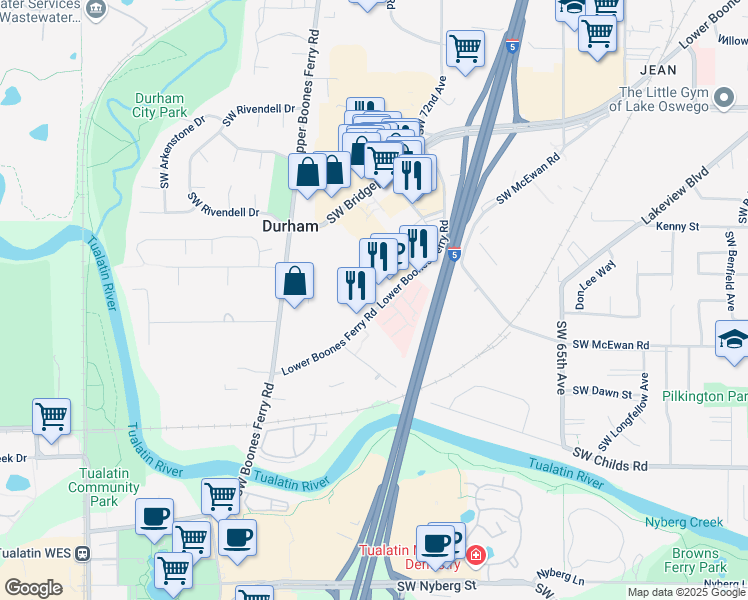 map of restaurants, bars, coffee shops, grocery stores, and more near 18079 Southwest Lower Boones Ferry Road in Portland