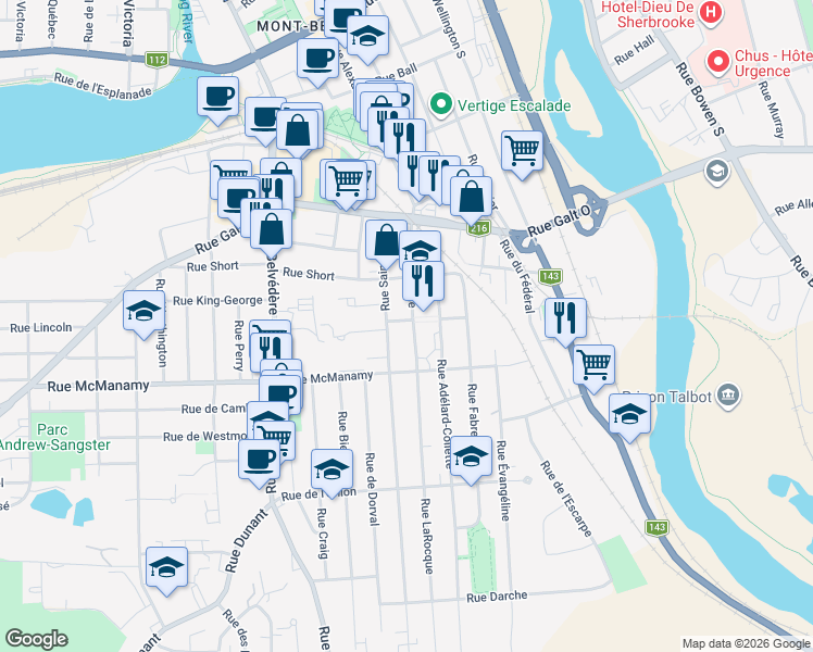 map of restaurants, bars, coffee shops, grocery stores, and more near 1005 Rue LaRocque in Sherbrooke