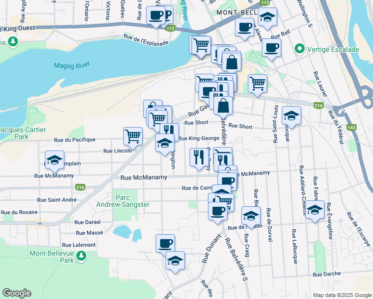 map of restaurants, bars, coffee shops, grocery stores, and more near 996 Rue de la Princesse in Sherbrooke