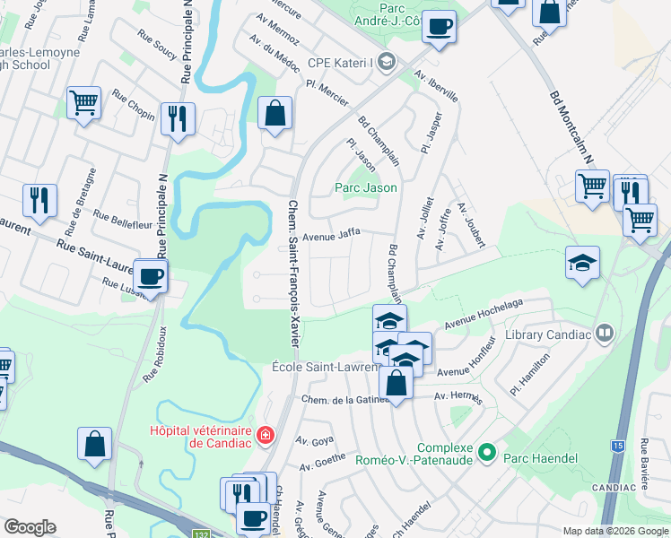 map of restaurants, bars, coffee shops, grocery stores, and more near 23 Avenue Jacquard in Candiac